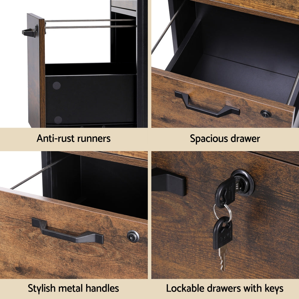 Artiss Filing Cabinet File Cabinet with Wheels 2 Drawer Storage Rustic Brown FURNI-B-CAB-2T-SHELF-RW