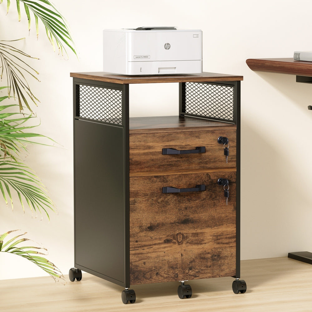 Artiss Filing Cabinet File Cabinet with Wheels 2 Drawer Storage Rustic Brown FURNI-B-CAB-2T-SHELF-RW