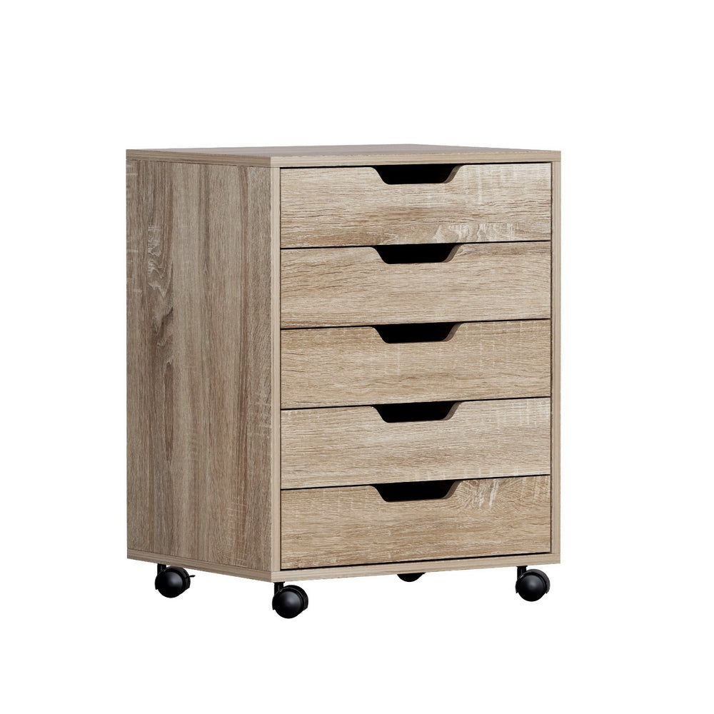 Artiss 5-Drawer Filing Cabinet Mobile Rolling Storage Cabinet Chest of Drawers Stand Scratch Beige FURNI-B-CAB-5T-WD