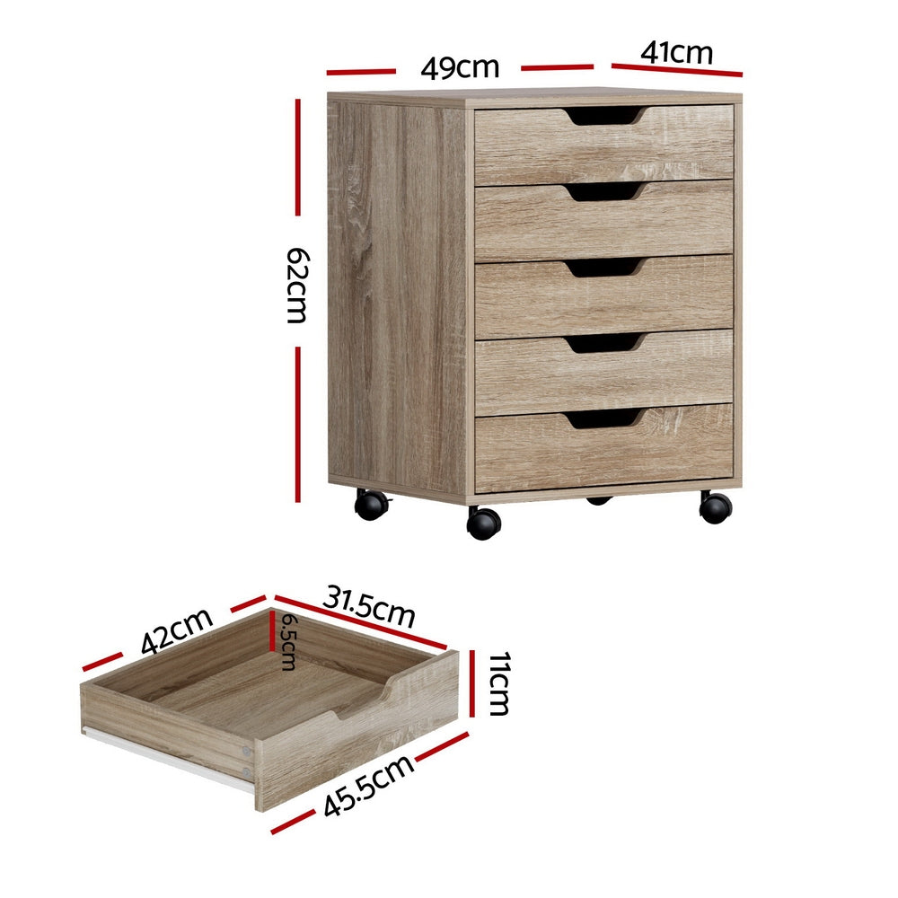 Artiss 5-Drawer Filing Cabinet Mobile Rolling Storage Cabinet Chest of Drawers Stand Scratch Beige FURNI-B-CAB-5T-WD