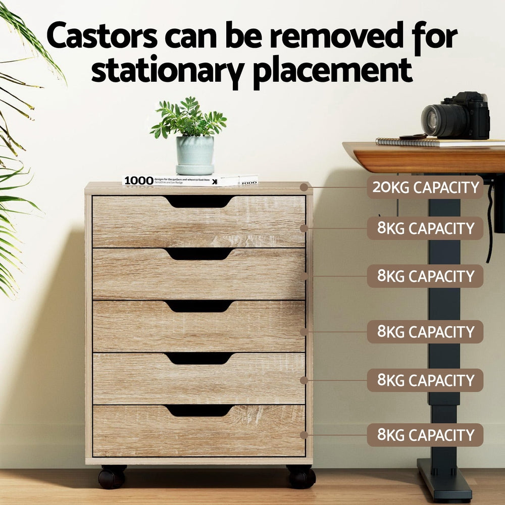 Artiss 5-Drawer Filing Cabinet Mobile Rolling Storage Cabinet Chest of Drawers Stand Scratch Beige FURNI-B-CAB-5T-WD