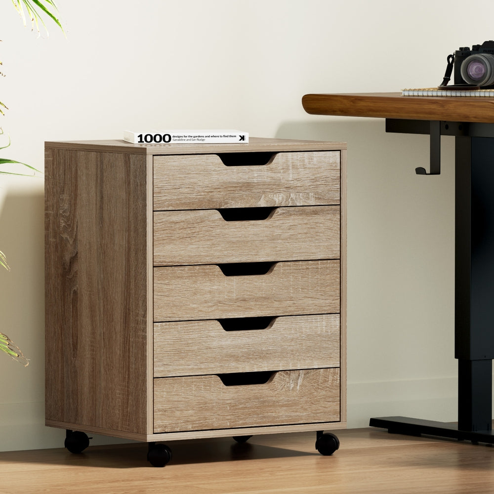 Artiss 5-Drawer Filing Cabinet Mobile Rolling Storage Cabinet Chest of Drawers Stand Scratch Beige FURNI-B-CAB-5T-WD