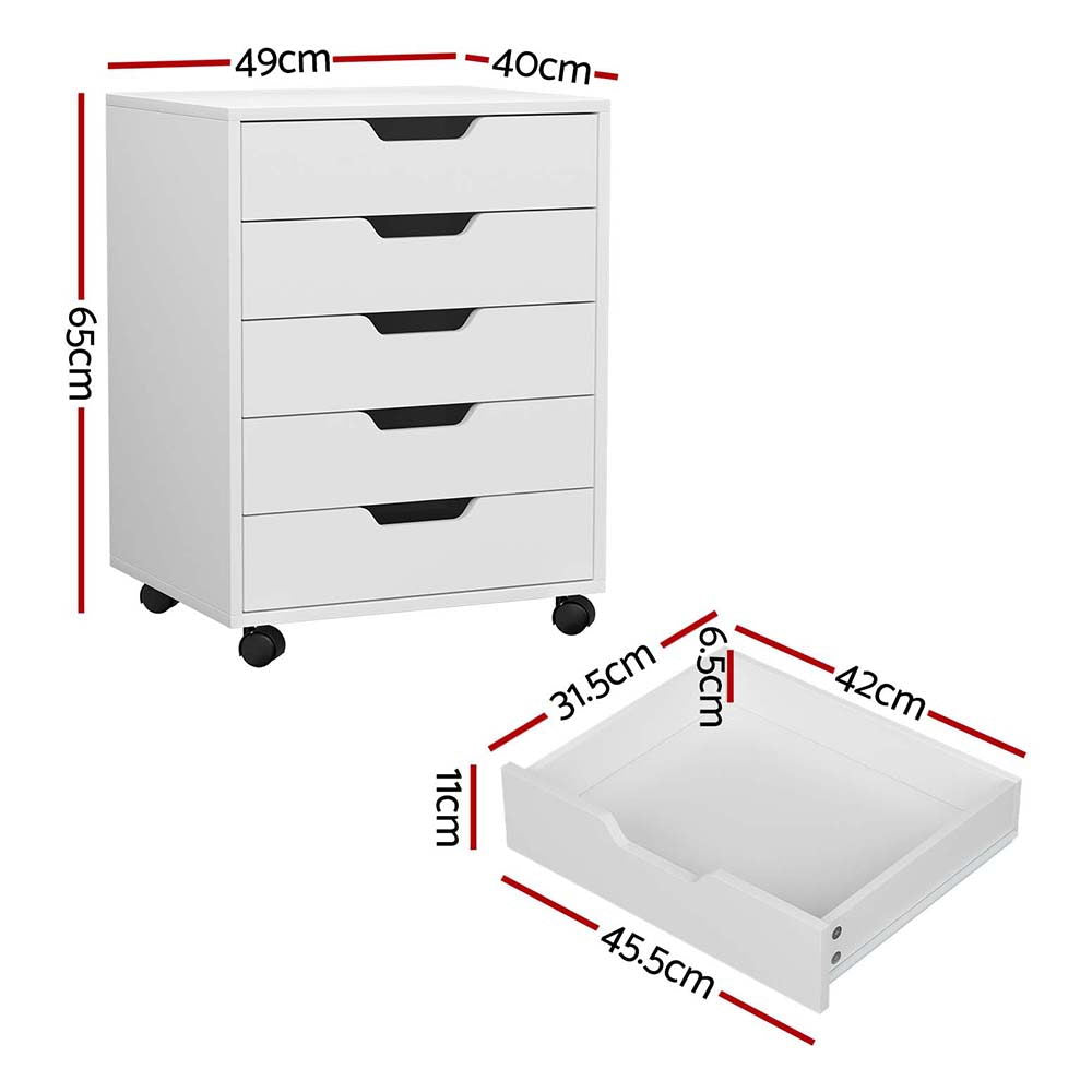 Artiss 5-Drawer Filing Cabinet Mobile Rolling Storage Cabinet Chest of Drawers Stand White FURNI-B-CAB-5T-WH