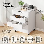 Artiss 5-Drawer Filing Cabinet Mobile Rolling Storage Cabinet Chest of Drawers Stand White FURNI-B-CAB-5T-WH