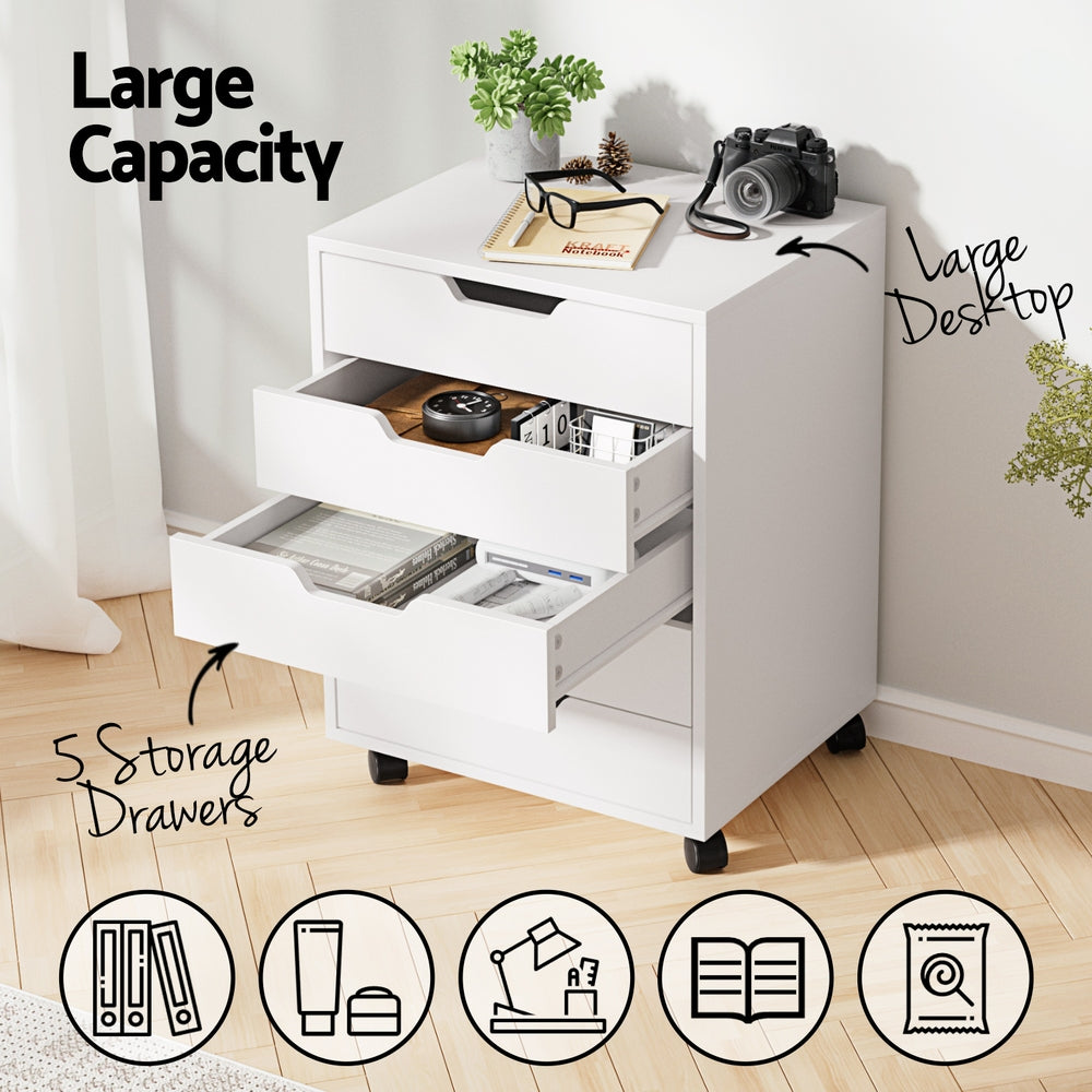 Artiss 5-Drawer Filing Cabinet Mobile Rolling Storage Cabinet Chest of Drawers Stand White FURNI-B-CAB-5T-WH