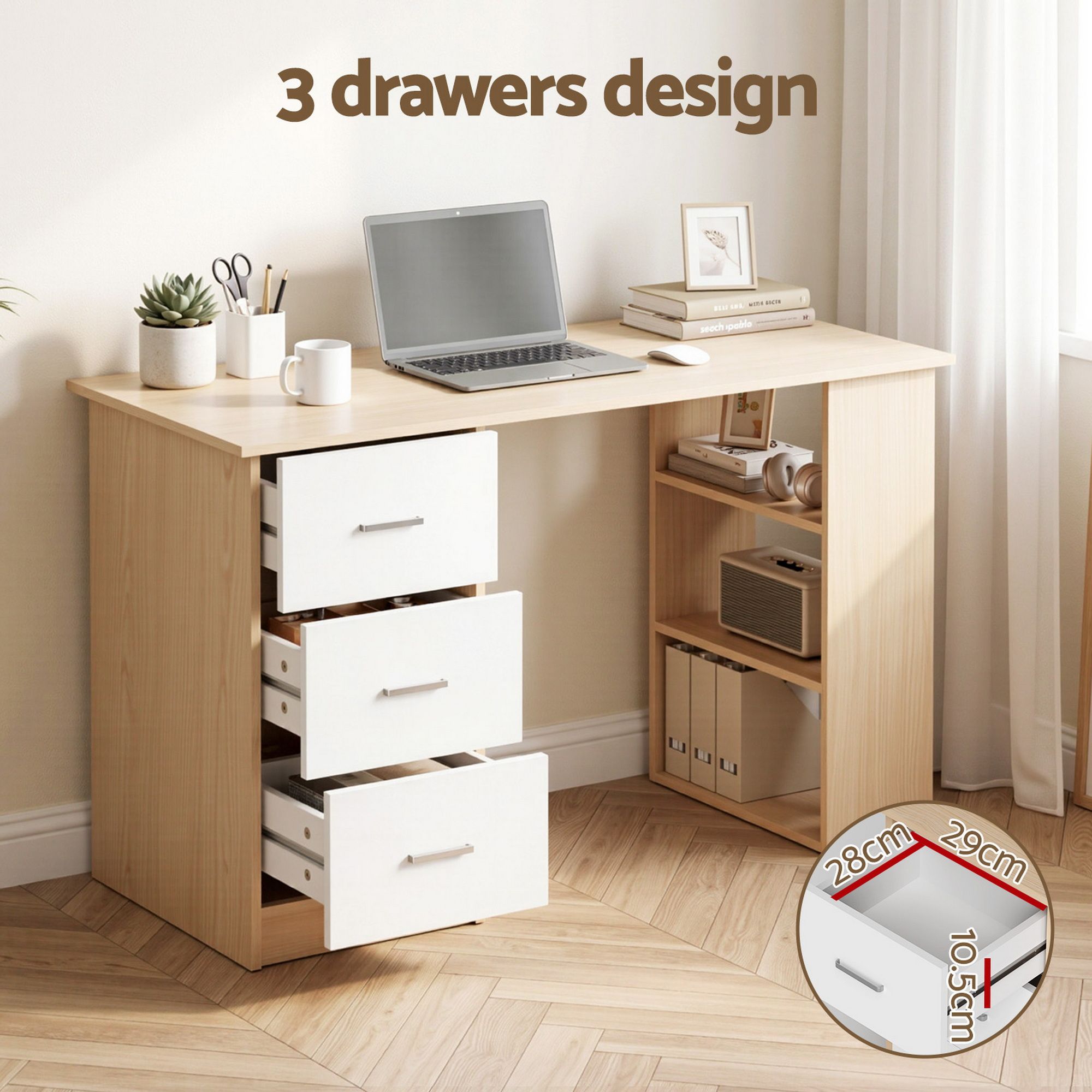Artiss Computer Desk Drawer Shelf Oak White 120CM