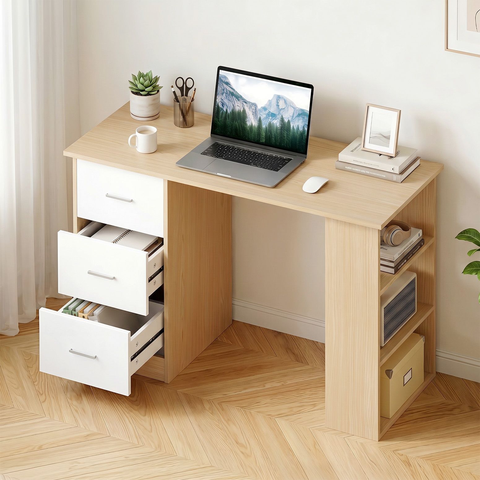 Artiss Computer Desk Drawer Shelf Oak White 120CM