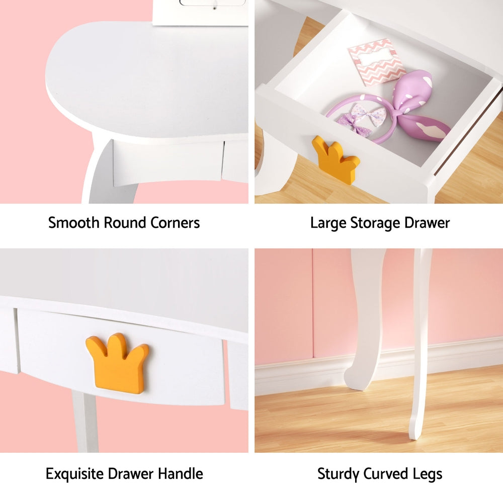 Keezi Kids Dressing Table Vanity Makeup Chair Set Wooden 3 Mirror Drawer White FURNI-C-3MIRROR-CROWN-WH