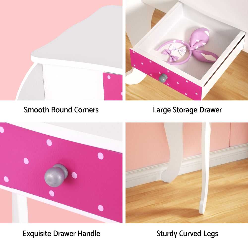Keezi Kids Dressing Table Vanity Makeup Chair Set Wooden 3 Mirror Drawer Pink FURNI-C-3MIRROR-DOT-PK