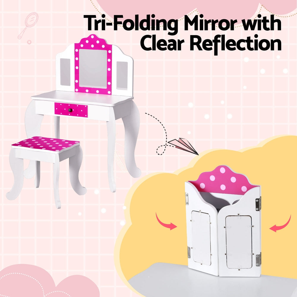 Keezi Kids Dressing Table Vanity Makeup Chair Set Wooden 3 Mirror Drawer Pink FURNI-C-3MIRROR-DOT-PK