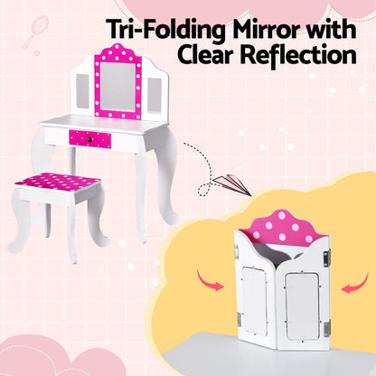 Keezi Kids Dressing Table Vanity Makeup Chair Set Wooden 3 Mirror Drawer Pink FURNI-C-3MIRROR-DOT-PK