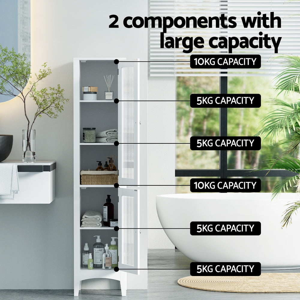Artiss Bathroom Storage Cabinet 160cm Tall Slim Floor Cupboard Toilet Glass Door White FURNI-C-BATH-TB02-WH