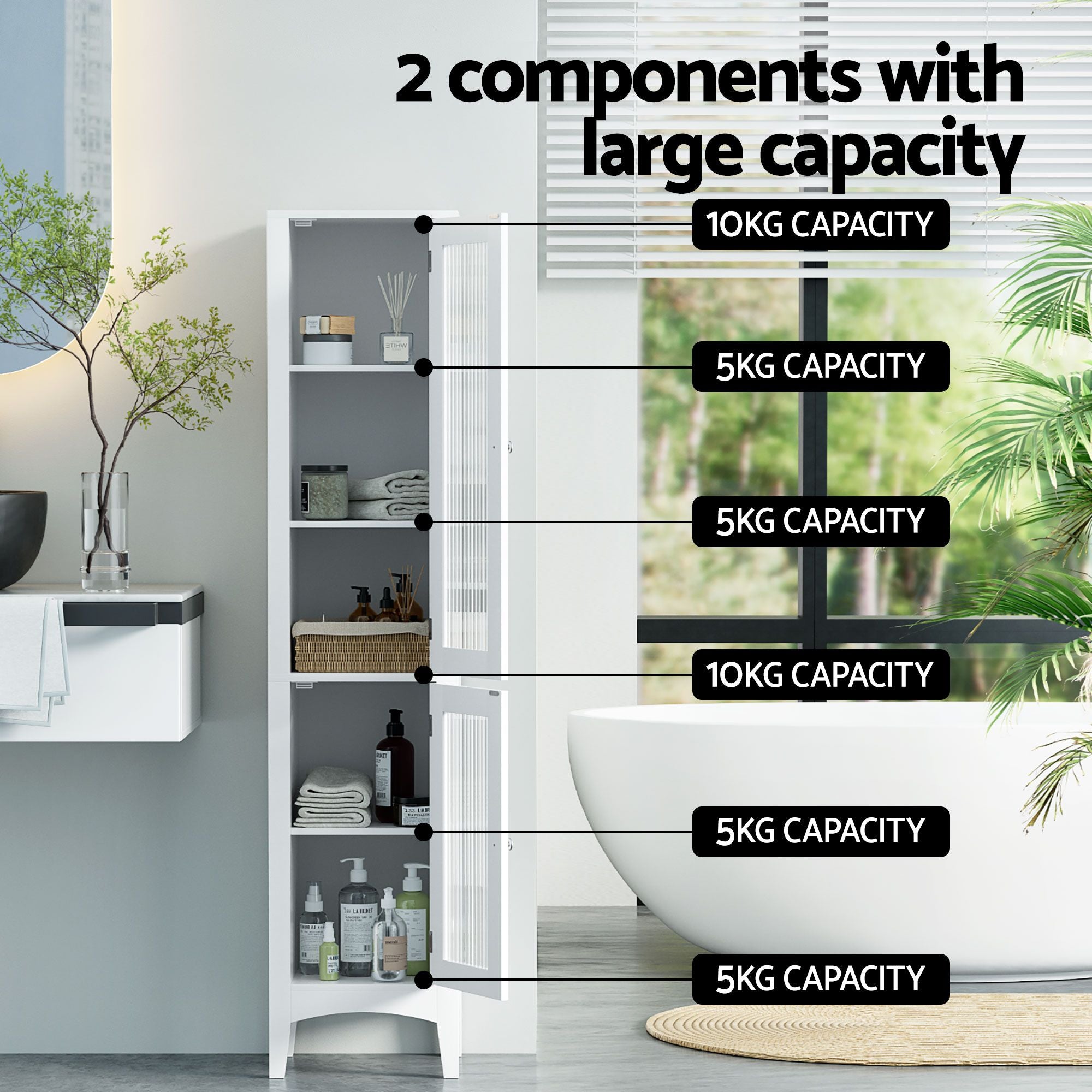 Artiss 2X Bathroom Storage Cabinet 160cm Tall Slim Floor Cupboard Toilet Glass Door White FURNI-C-BATH-TB02-WHX2