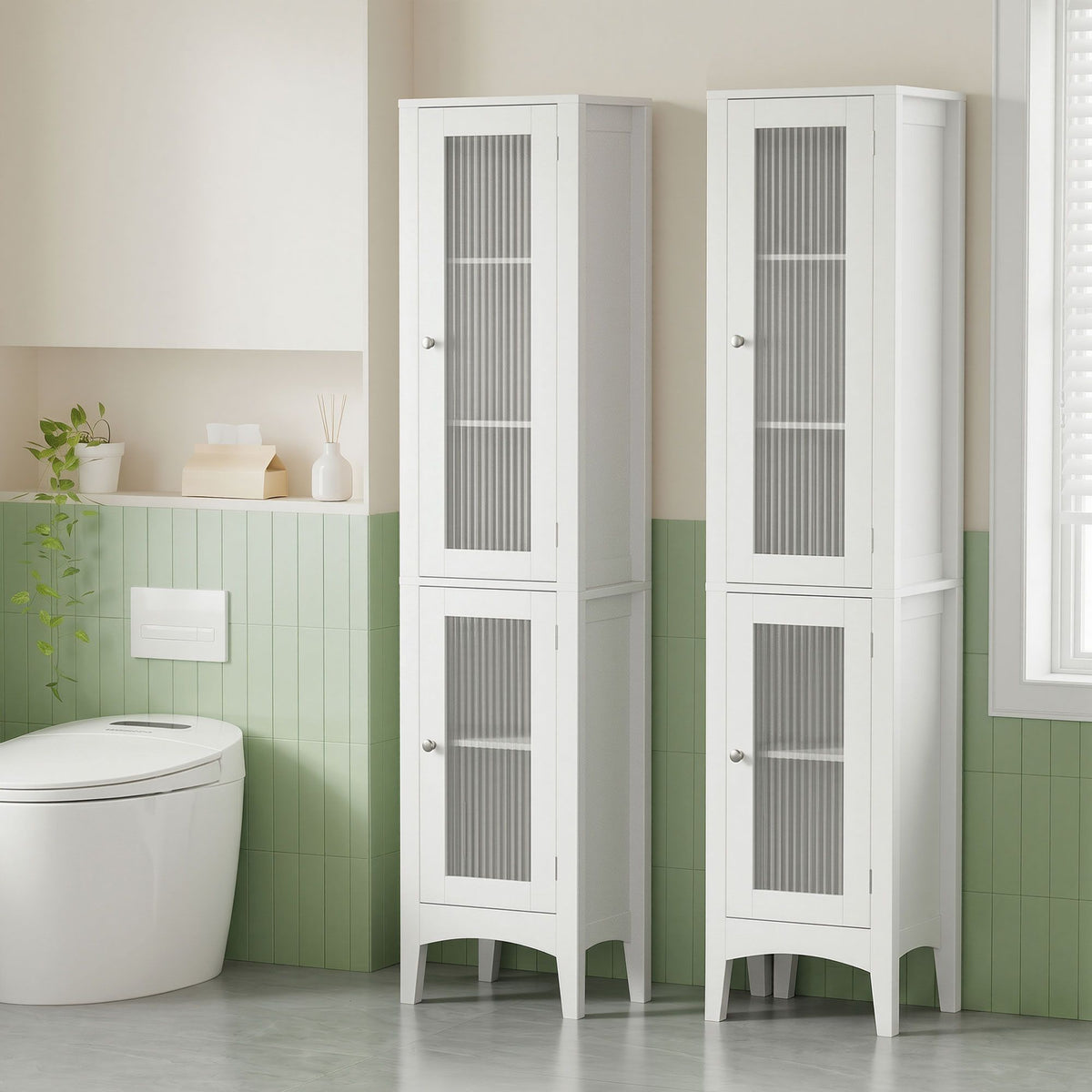 Artiss 2X Bathroom Storage Cabinet 160cm Tall Slim Floor Cupboard Toilet Glass Door White FURNI-C-BATH-TB02-WHX2
