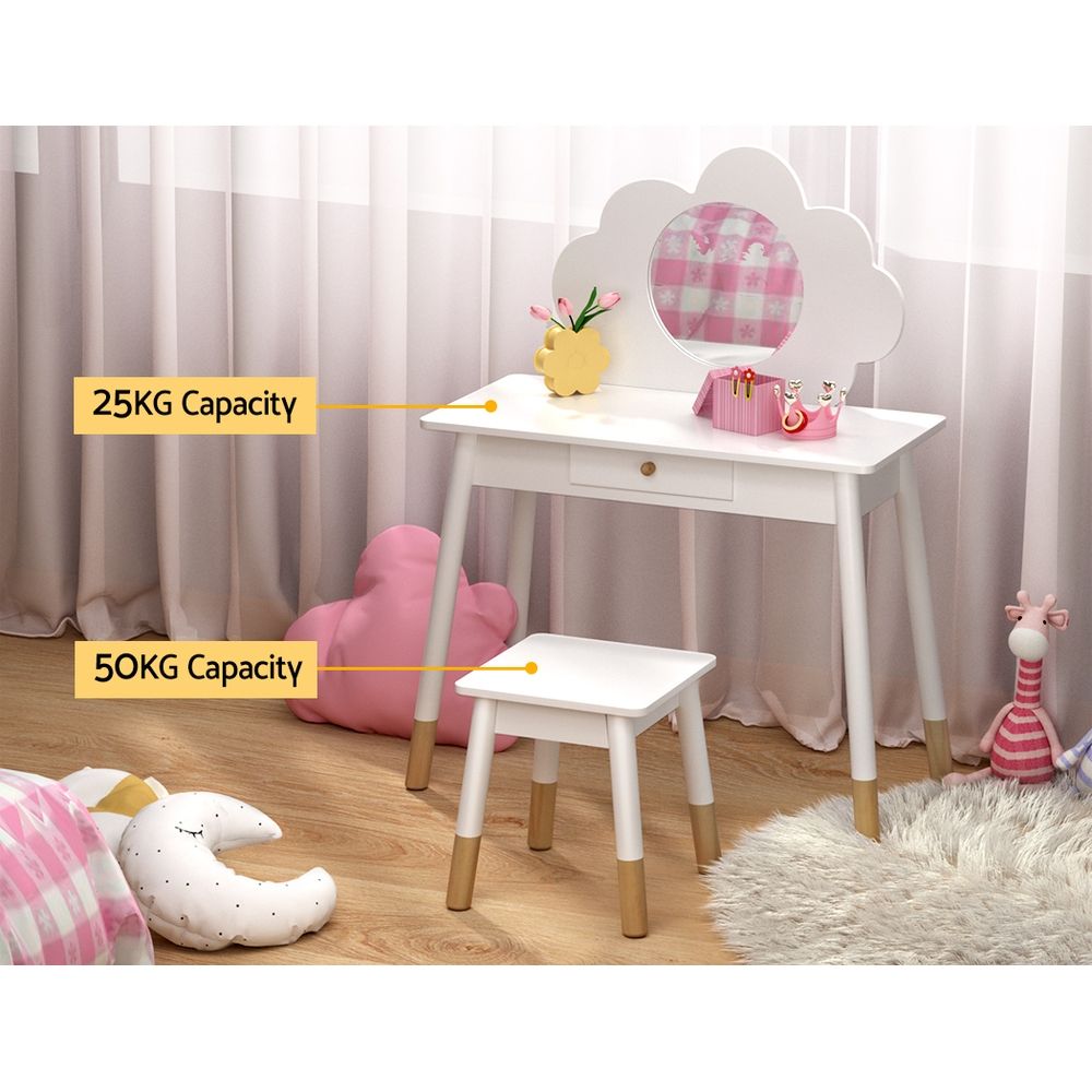 Keezi Kids Dressing Table Chair Set Vanity Makeup Wooden Leg Mirror Drawer FURNI-C-CLOUD-KDT-WH