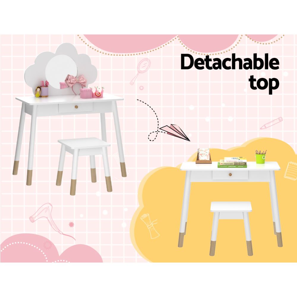 Keezi Kids Dressing Table Chair Set Vanity Makeup Wooden Leg Mirror Drawer FURNI-C-CLOUD-KDT-WH