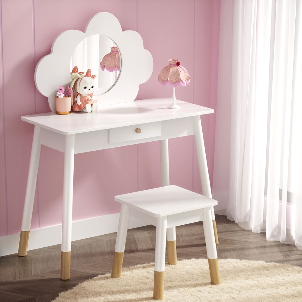 Keezi Kids Dressing Table Chair Set Vanity Makeup Wooden Leg Mirror Drawer FURNI-C-CLOUD-KDT-WH