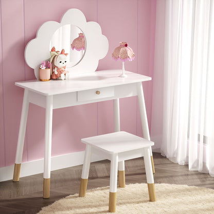 Keezi Kids Dressing Table Chair Set Vanity Makeup Wooden Leg Mirror Drawer FURNI-C-CLOUD-KDT-WH