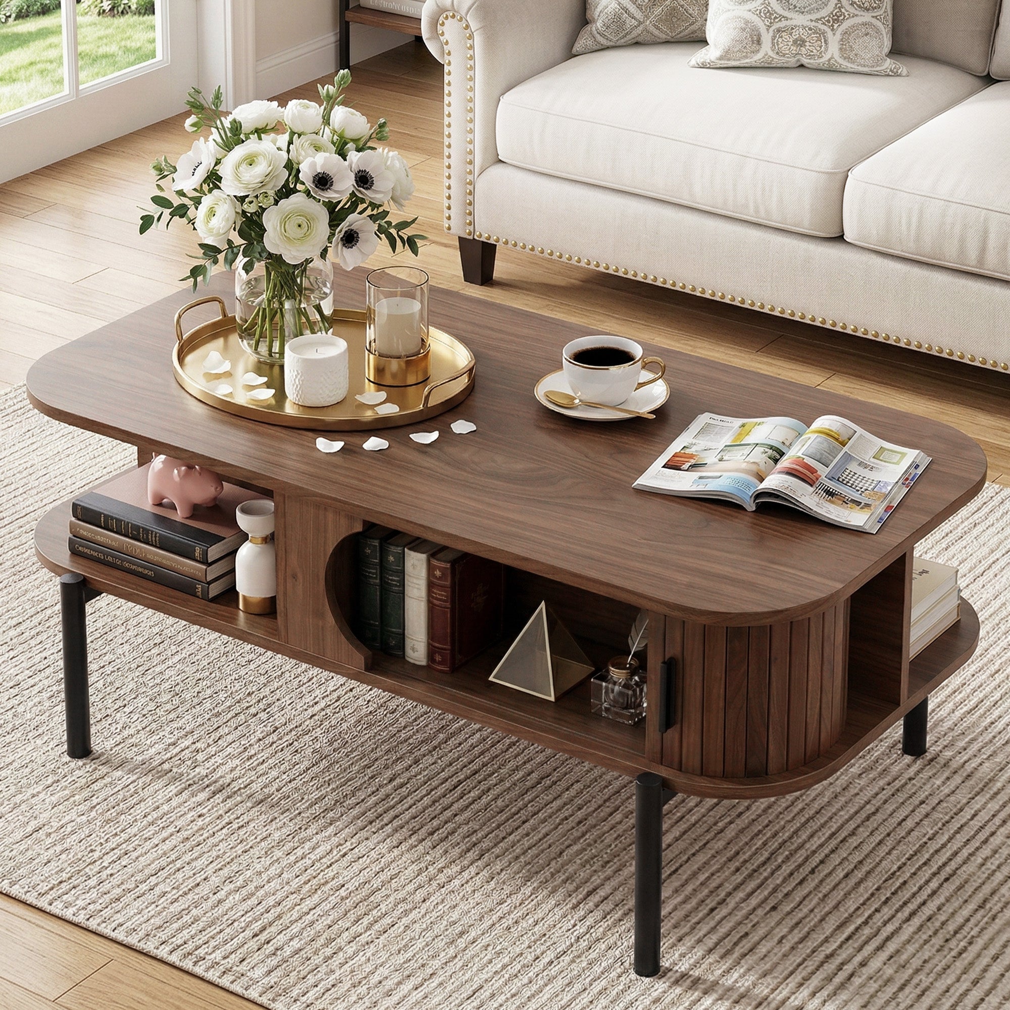 Artiss Coffee Table Living Room Center Table Shelf Cabinet Walnut FURNI-C-COF-01-WAL