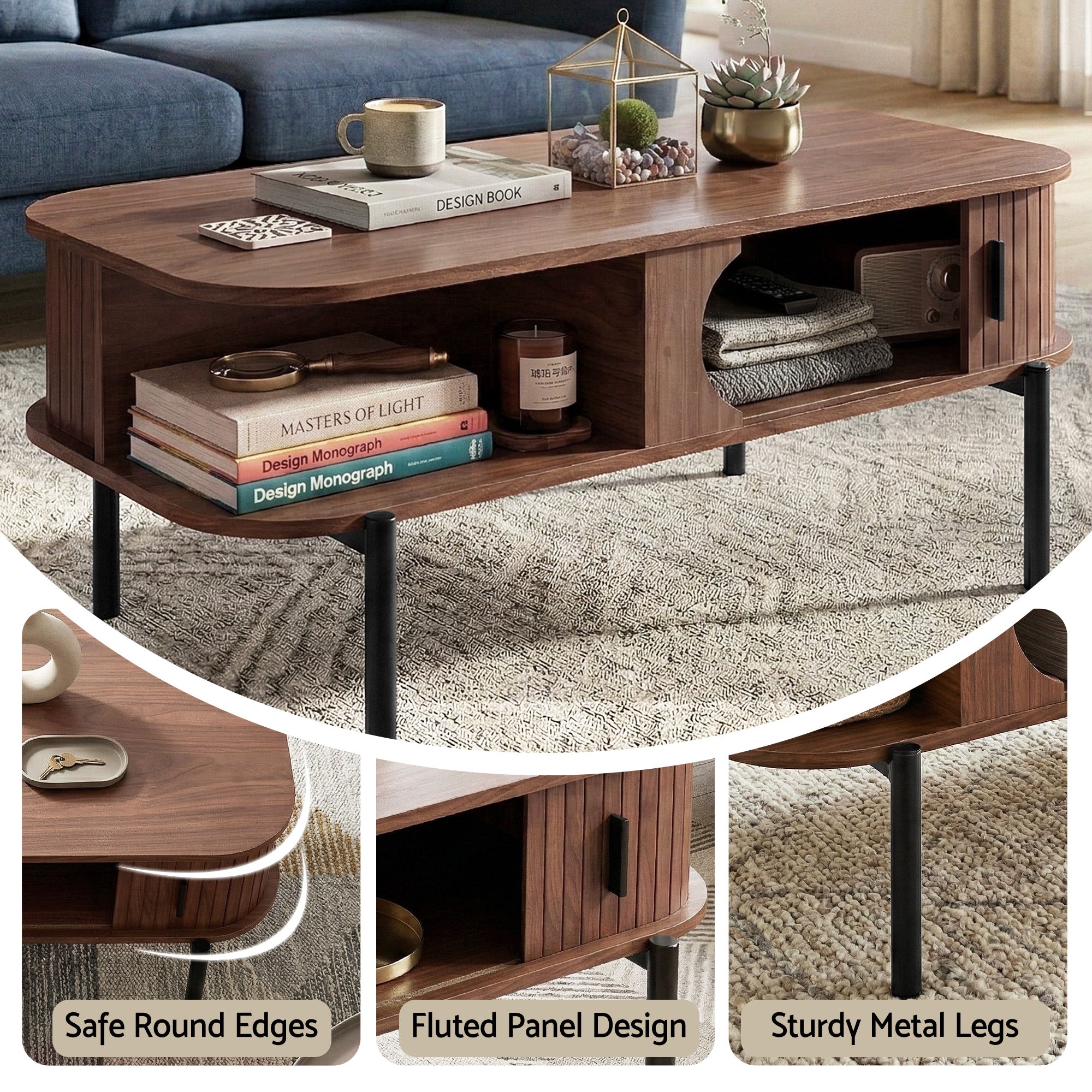 Artiss Coffee Table Living Room Center Table Shelf Cabinet Walnut FURNI-C-COF-01-WAL