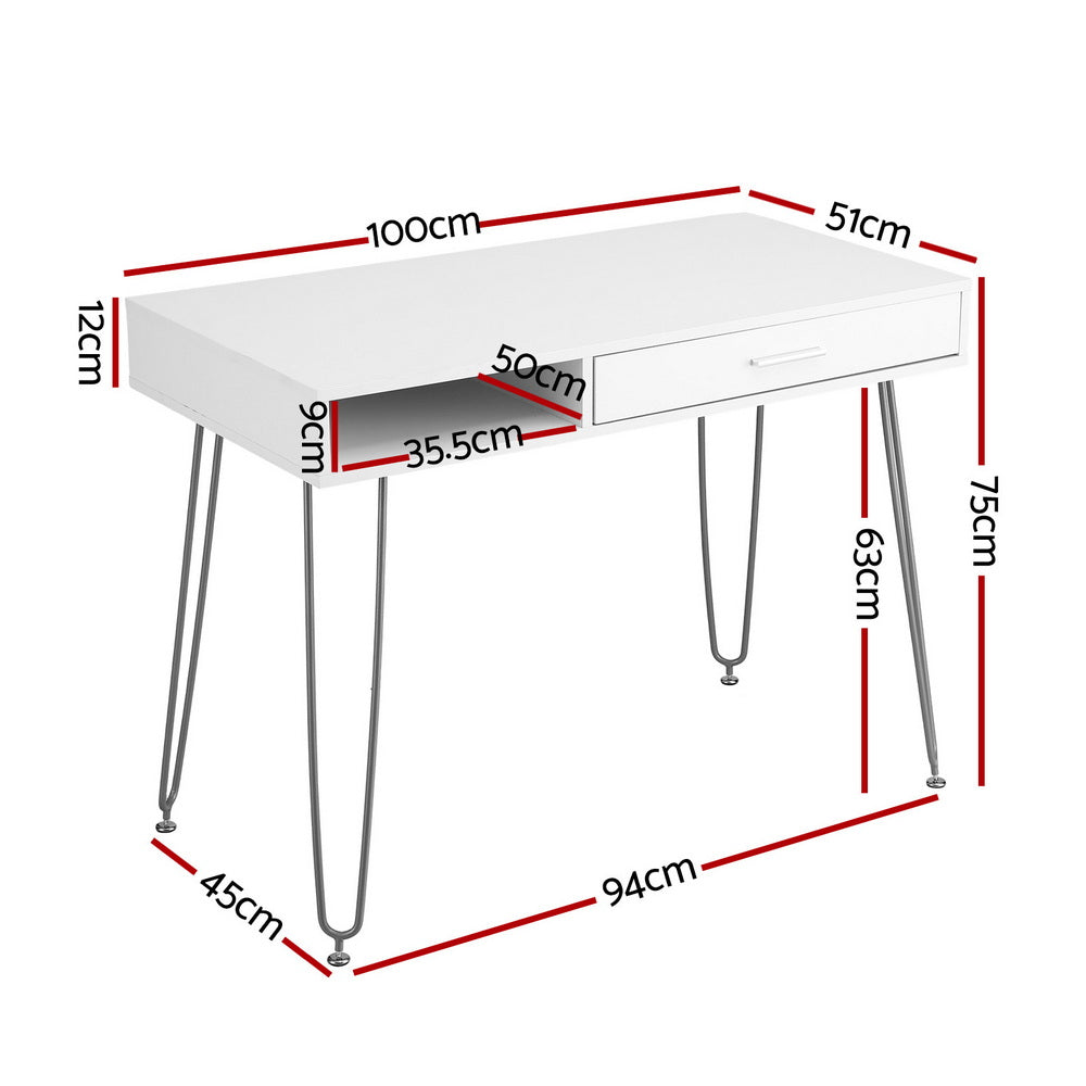 Artiss Computer Desk Drawer Cabinet Home Office Desks Workstation 100cm White FURNI-C-DESK-MET-100WH