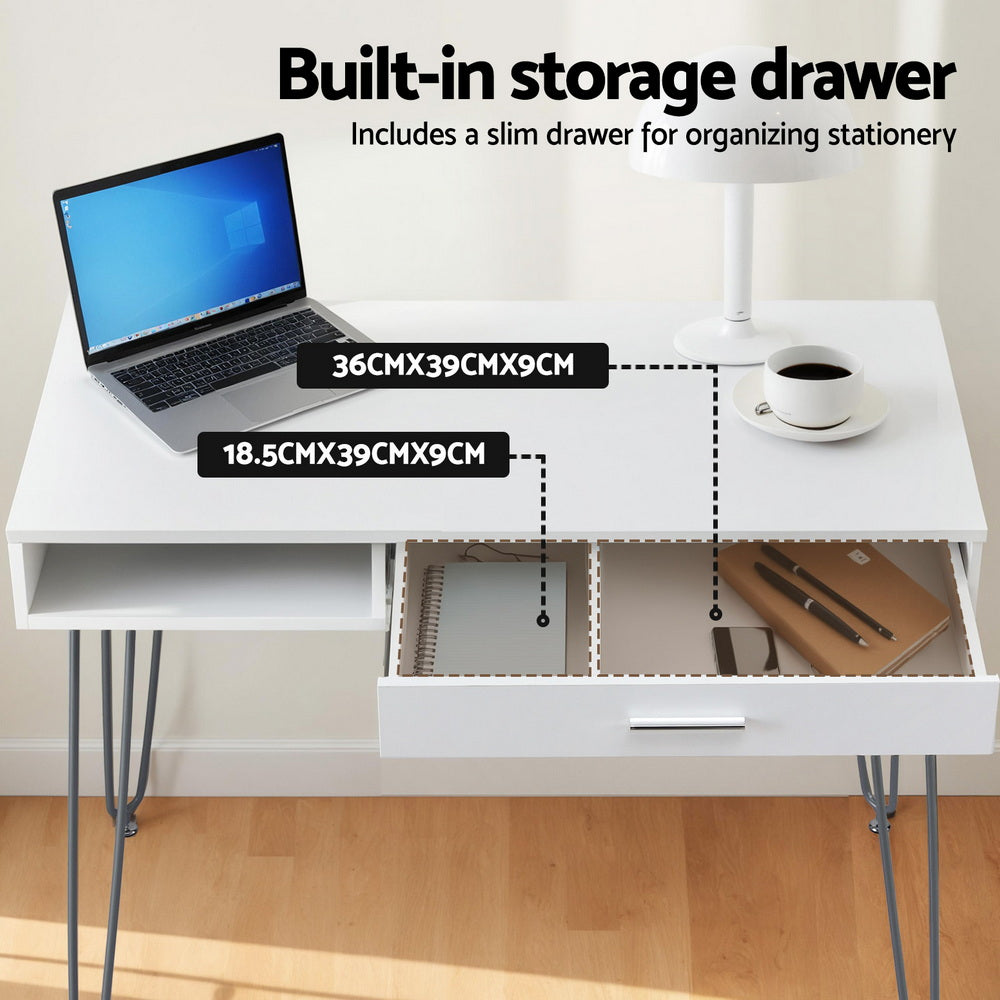Artiss Computer Desk Drawer Cabinet Home Office Desks Workstation 100cm White FURNI-C-DESK-MET-100WH
