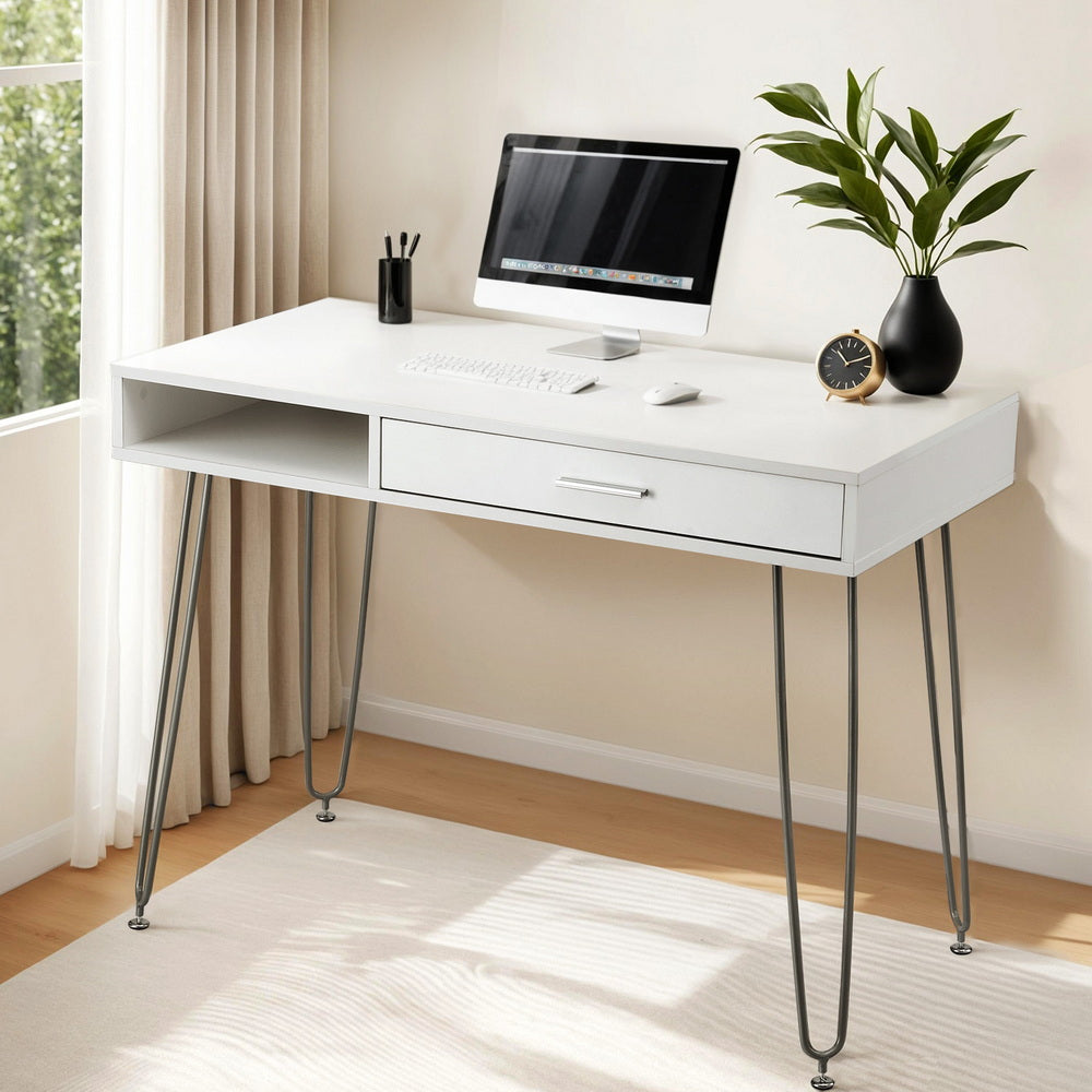 Artiss Computer Desk Drawer Cabinet Home Office Desks Workstation 100cm White FURNI-C-DESK-MET-100WH