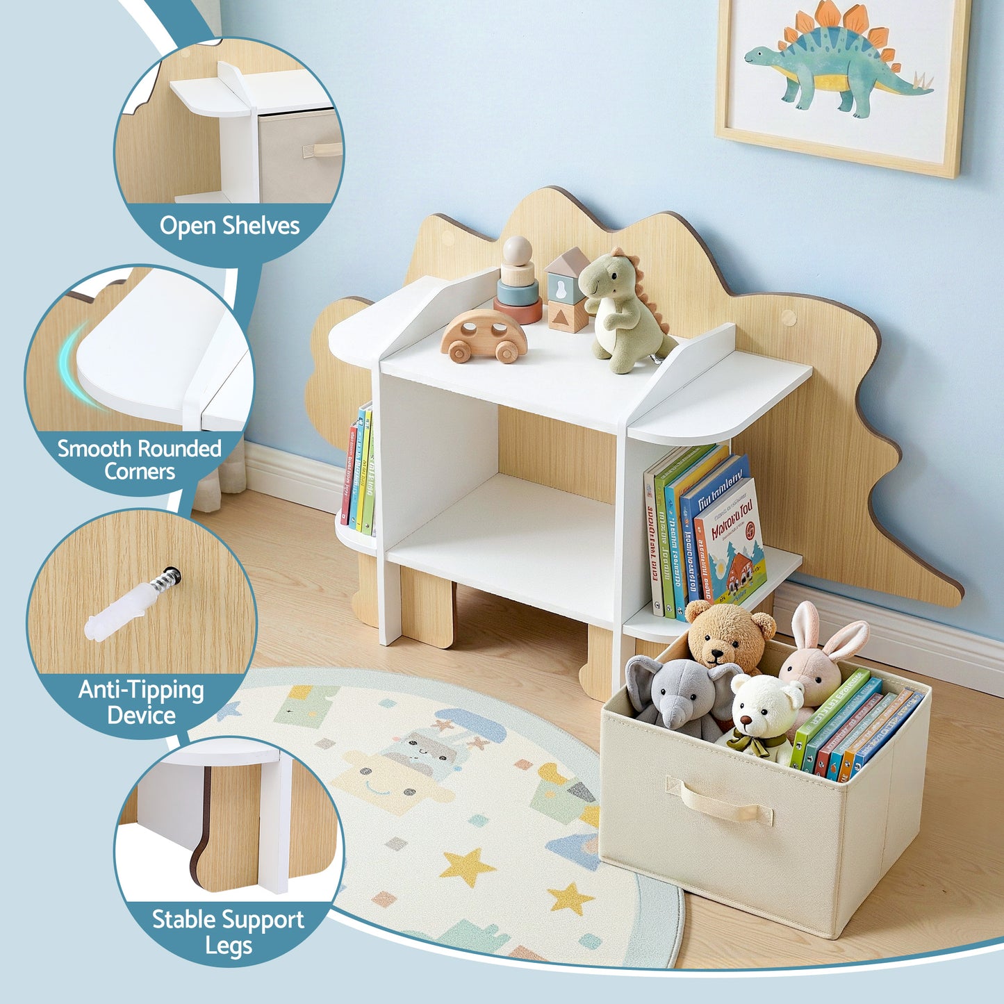 Keezi Dinosaur Kids Bookshelf 2-Tier Children's Bookcase Wooden with with Fabric Drawer, Toddler Bookshelf FURNI-C-DNS-GN