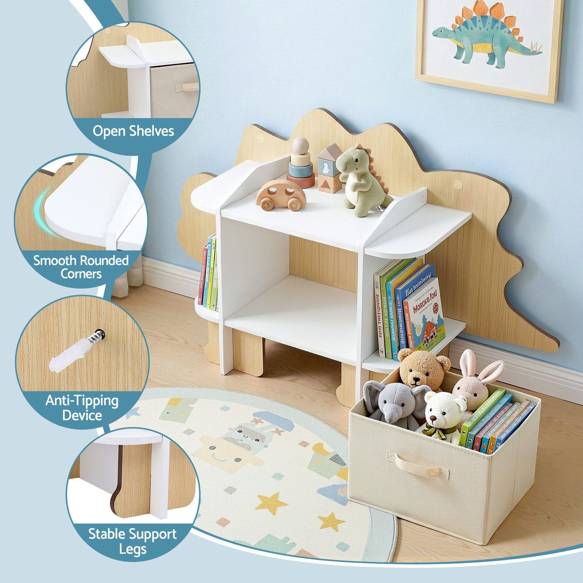 Keezi Dinosaur Kids Bookshelf 2-Tier Children's Bookcase Wooden with with Fabric Drawer, Toddler Bookshelf FURNI-C-DNS-GN