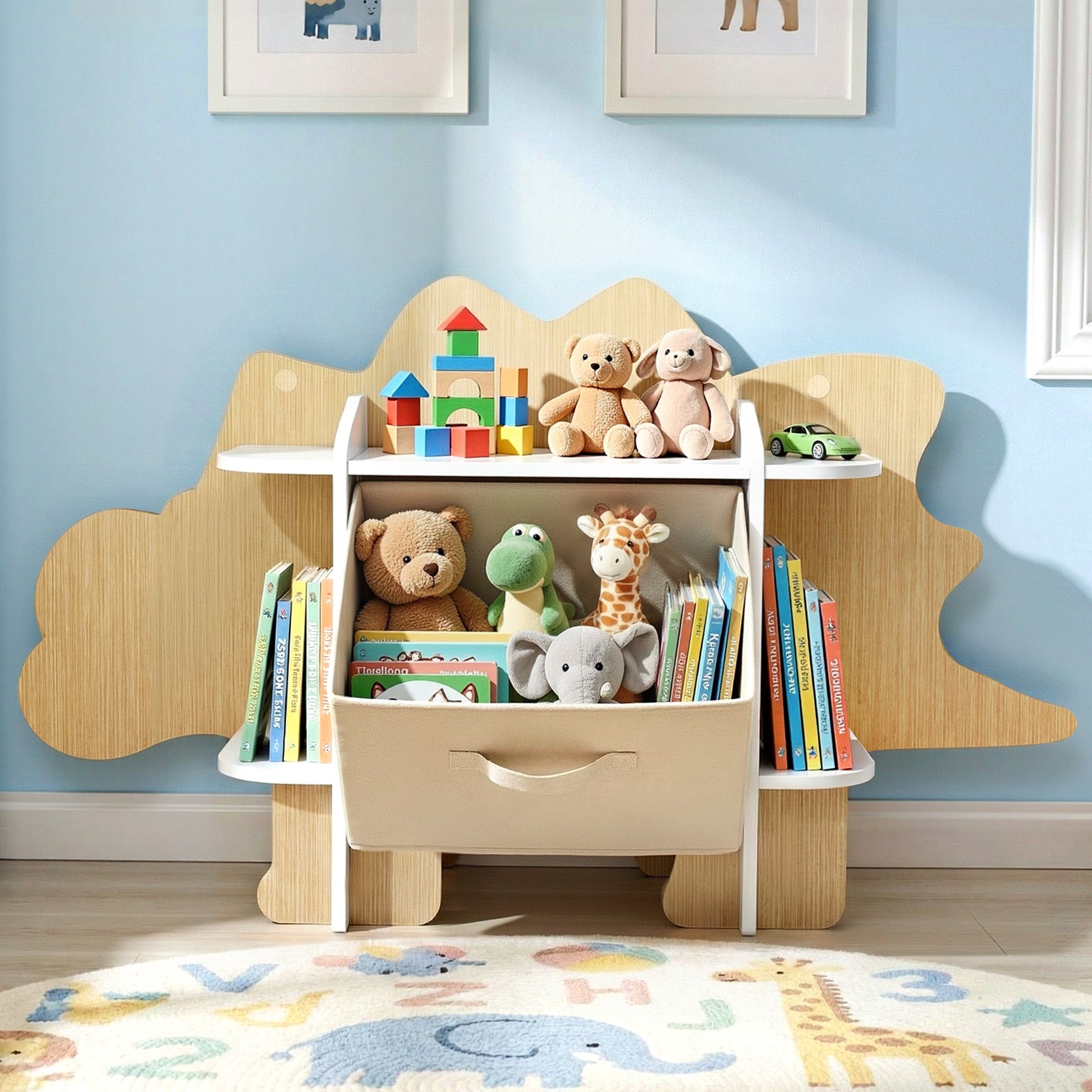 Keezi Dinosaur Kids Bookshelf 2-Tier Children's Bookcase Wooden with with Fabric Drawer, Toddler Bookshelf FURNI-C-DNS-GN
