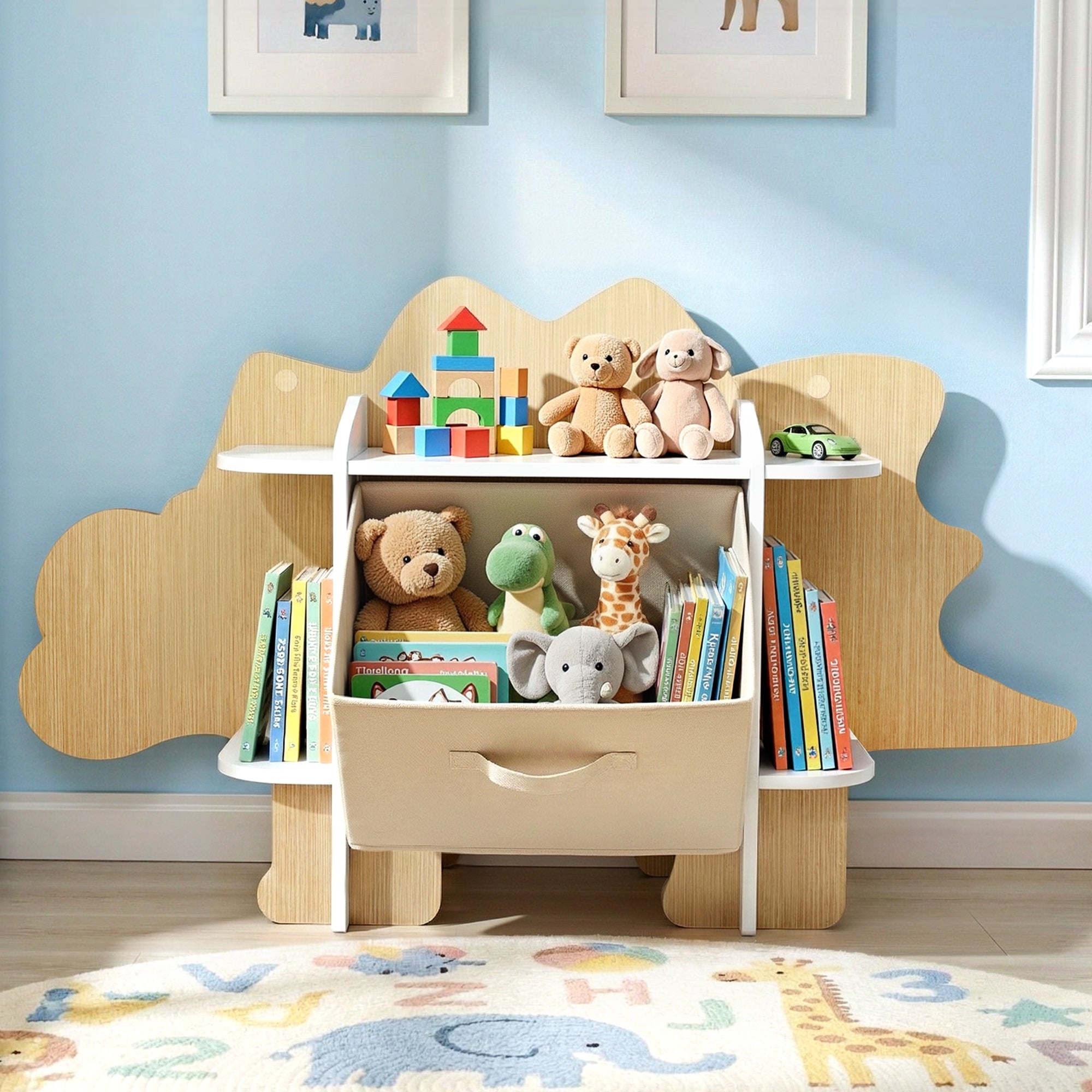 Keezi Dinosaur Kids Bookshelf 2-Tier Children's Bookcase Wooden with with Fabric Drawer, Toddler Bookshelf FURNI-C-DNS-GN