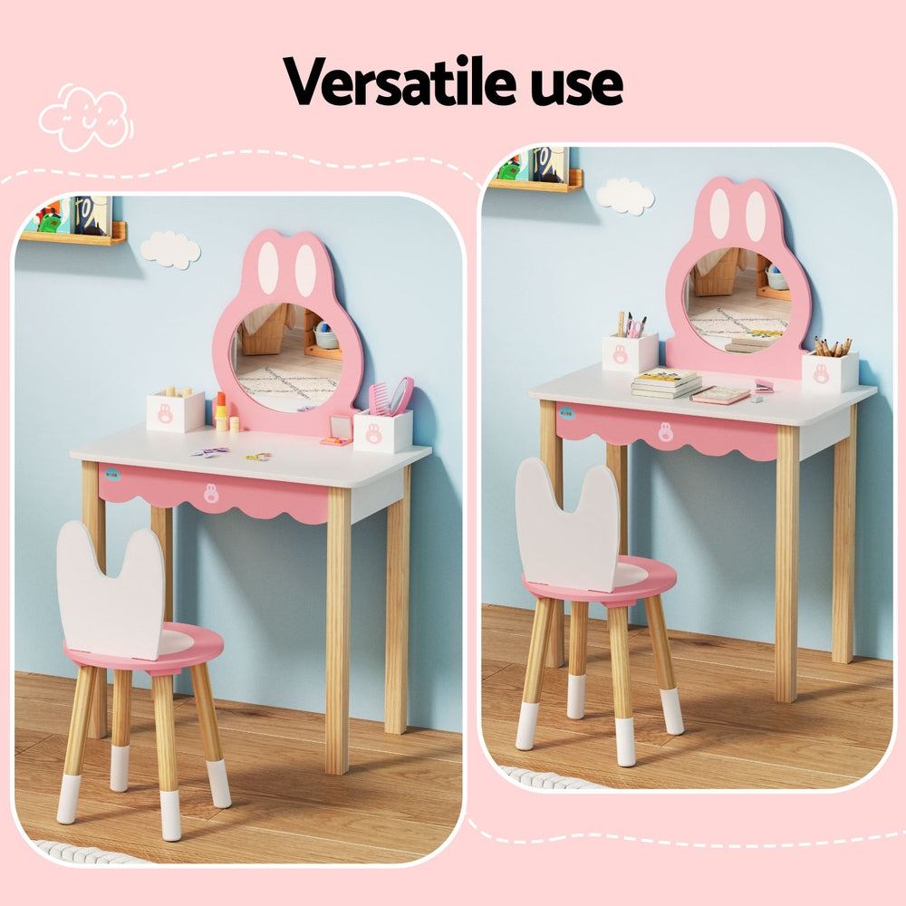 1 Set of Keezi Kids Dressing Table Wooden Bunny Pink FURNI-C-RABBIT-PK