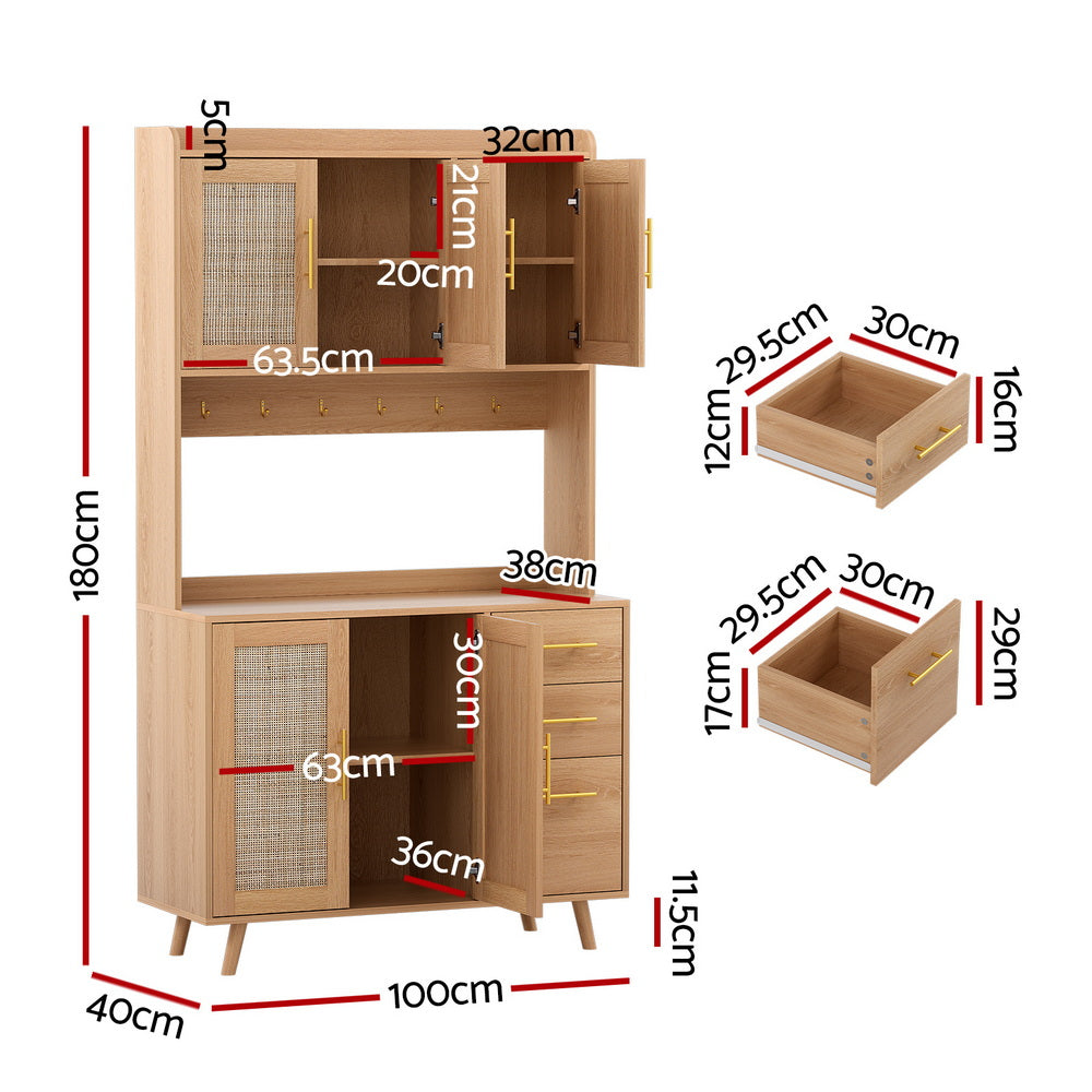 Artiss Buffet Sideboard Hutch Storage Cabinet Kitchen Cupboard Hooks Rattan Pine FURNI-C-RAT-SID180-WD-ABC