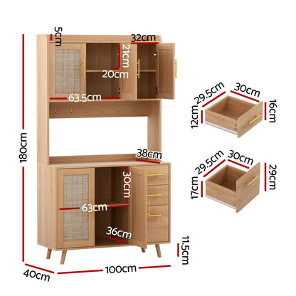 Artiss Buffet Sideboard Hutch Storage Cabinet Kitchen Cupboard Hooks Rattan Pine FURNI-C-RAT-SID180-WD-ABC