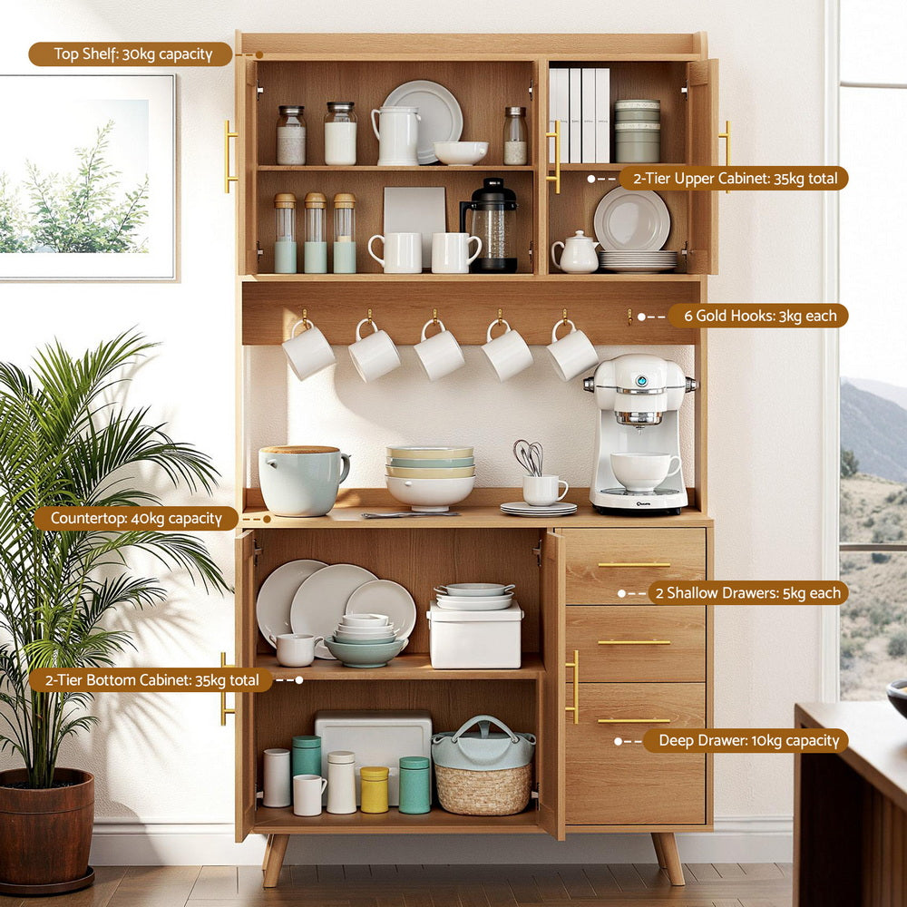 Artiss Buffet Sideboard Hutch Storage Cabinet Kitchen Cupboard Hooks Rattan Pine FURNI-C-RAT-SID180-WD-ABC
