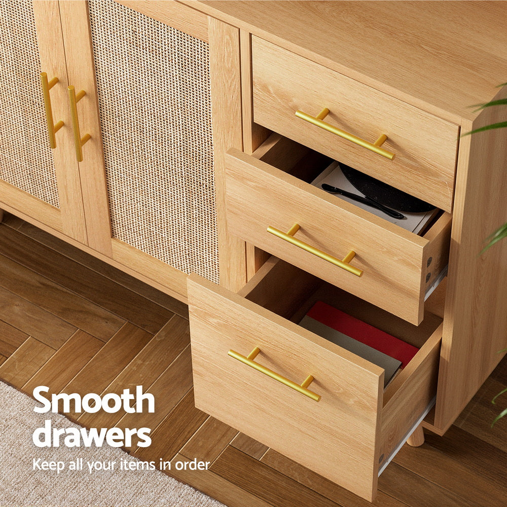 Artiss Buffet Sideboard Hutch Storage Cabinet Kitchen Cupboard Hooks Rattan Pine FURNI-C-RAT-SID180-WD-ABC