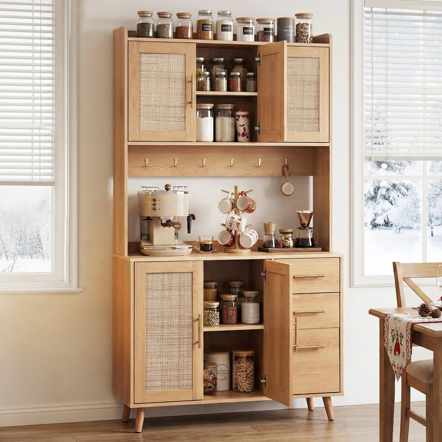 Artiss Buffet Sideboard Hutch Storage Cabinet Kitchen Cupboard Hooks Rattan Pine FURNI-C-RAT-SID180-WD-ABC
