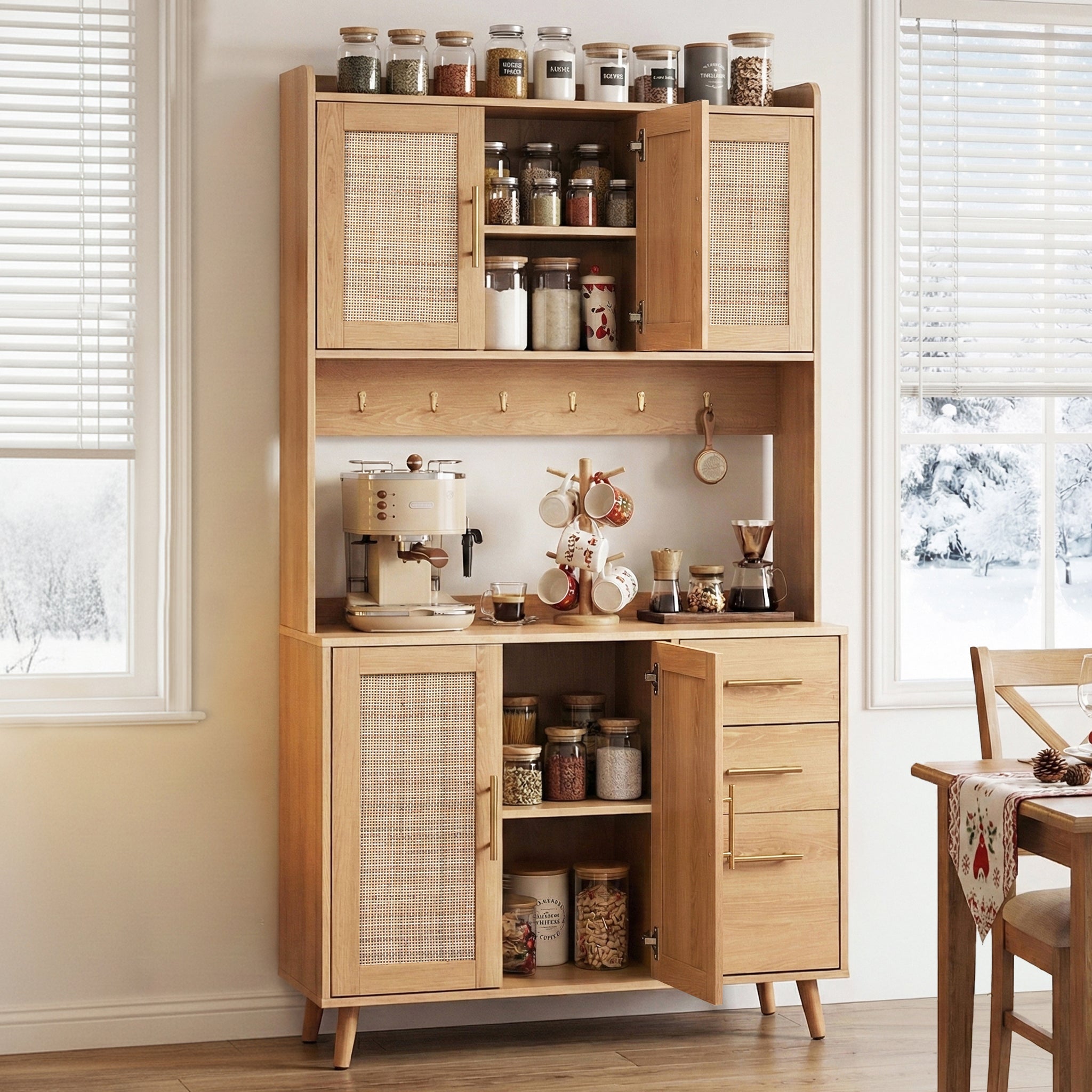 Artiss Buffet Sideboard Hutch Storage Cabinet Kitchen Cupboard Hooks Rattan Pine FURNI-C-RAT-SID180-WD-ABC