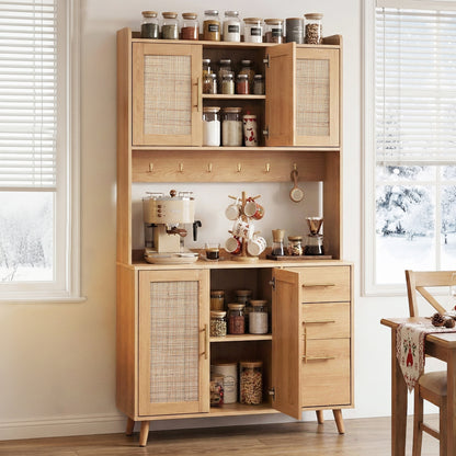 Artiss Buffet Sideboard Hutch Storage Cabinet Kitchen Cupboard Hooks Rattan Pine FURNI-C-RAT-SID180-WD-ABC
