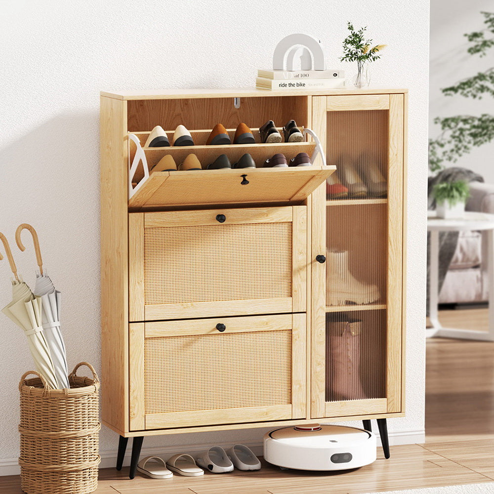 Artiss Shoe Rack Cabinet 3 Flip-out Drawers Pine FURNI-C-SHOE-01-RAT-WD-AB