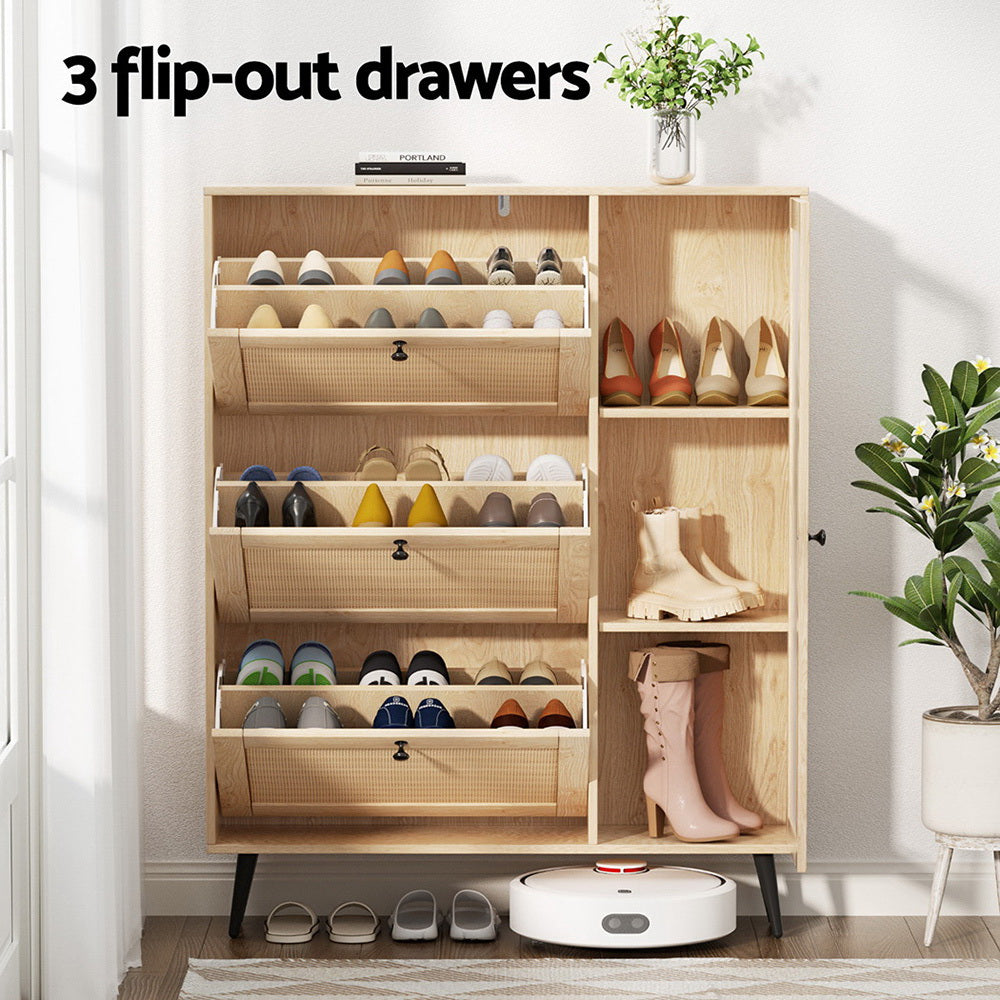 Artiss Shoe Rack Cabinet 3 Flip-out Drawers Pine FURNI-C-SHOE-01-RAT-WD-AB