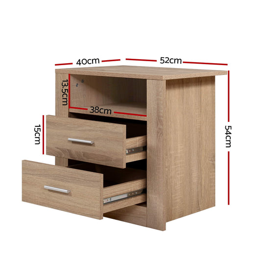 Artiss 2X Bedside Table 2 Drawers with Shelf - TARA Oak FURNI-C-SIDE-SHELF-WDX2