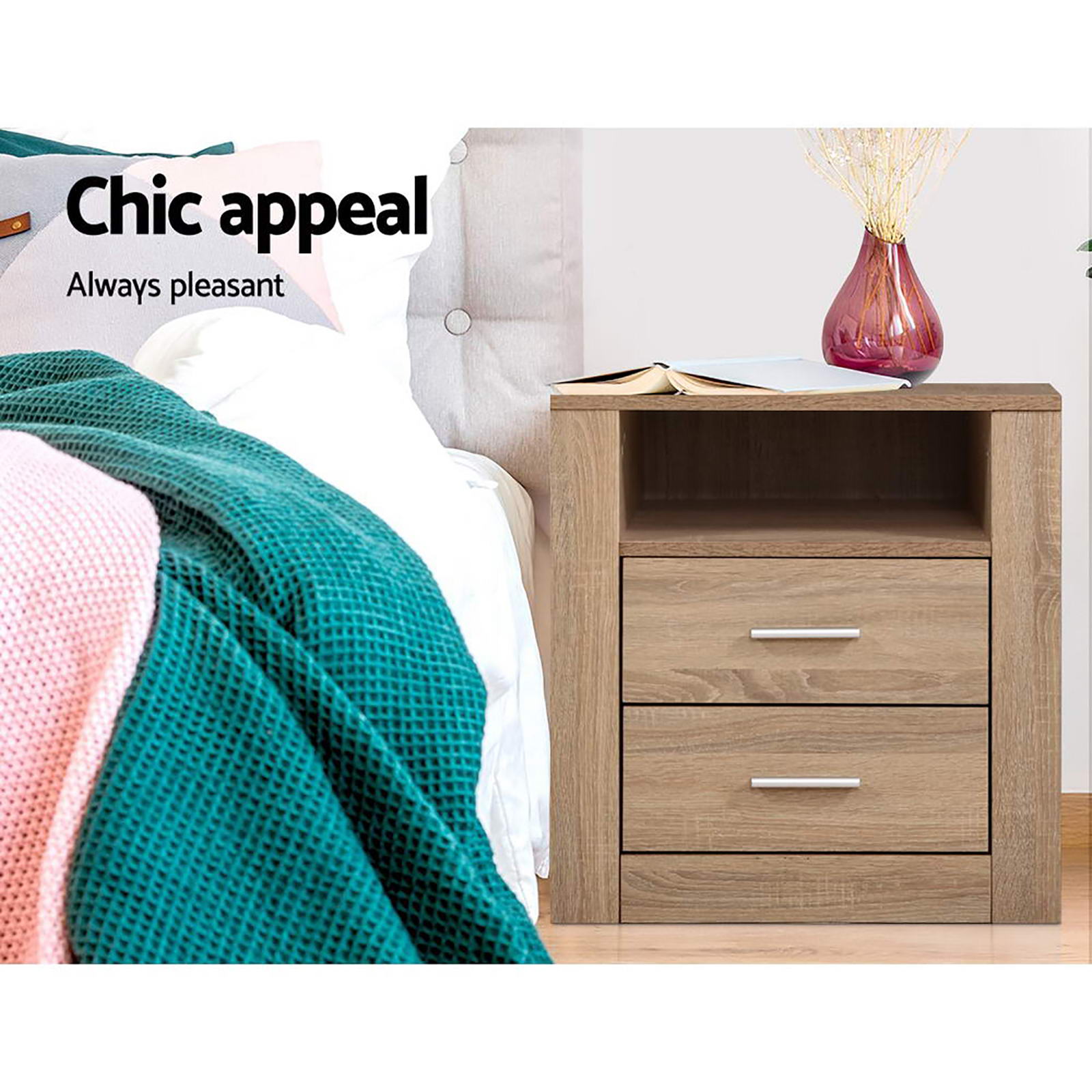 Artiss 2X Bedside Table 2 Drawers with Shelf - TARA Oak FURNI-C-SIDE-SHELF-WDX2