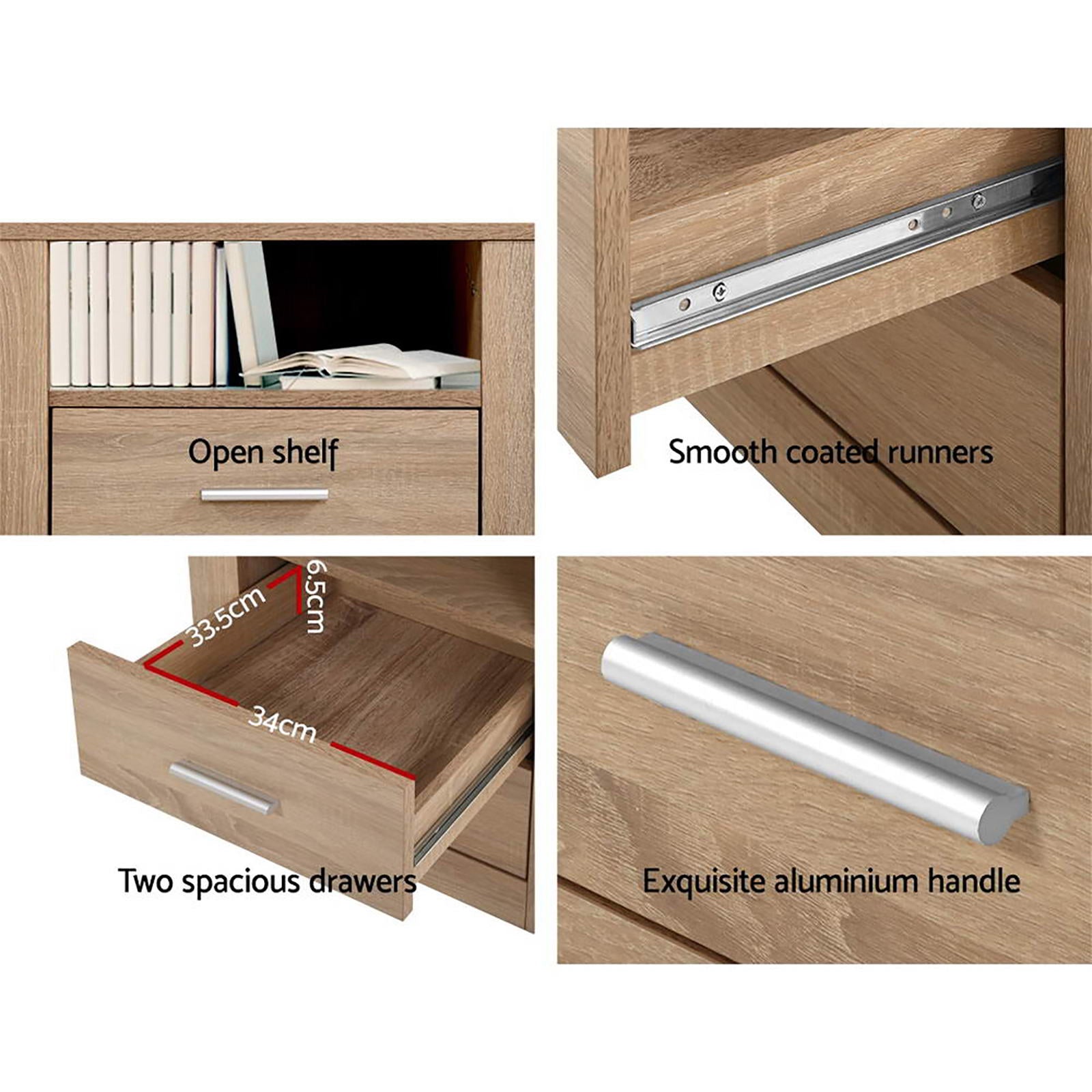 Artiss 2X Bedside Table 2 Drawers with Shelf - TARA Oak FURNI-C-SIDE-SHELF-WDX2