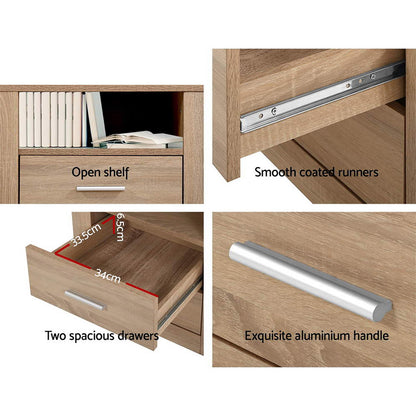 Artiss 2X Bedside Table 2 Drawers with Shelf - TARA Oak FURNI-C-SIDE-SHELF-WDX2