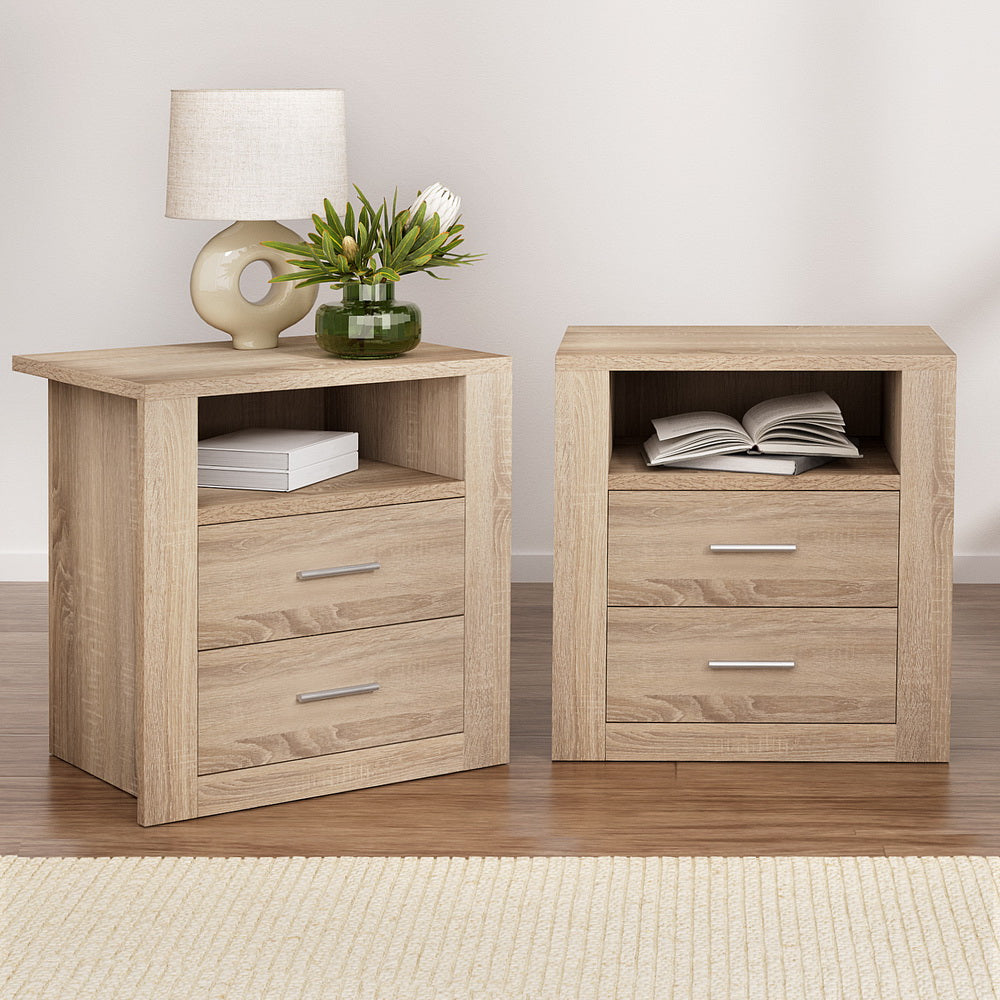 Artiss 2X Bedside Table 2 Drawers with Shelf - TARA Oak FURNI-C-SIDE-SHELF-WDX2