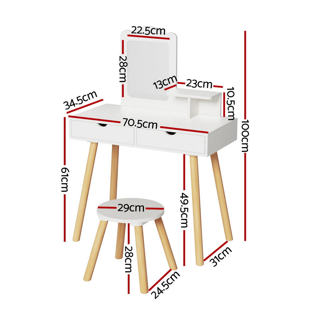Keezi Kids Dressing Table Vanity Makeup Chair Set with Mirror Drawers Wooden Legs FURNI-C-SQUARE-WH