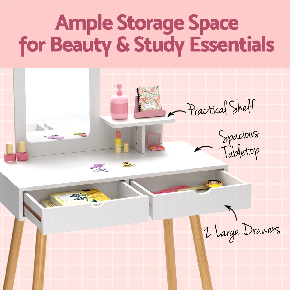 Keezi Kids Dressing Table Vanity Makeup Chair Set with Mirror Drawers Wooden Legs FURNI-C-SQUARE-WH