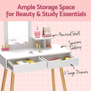 Keezi Kids Dressing Table Vanity Makeup Chair Set with Mirror Drawers Wooden Legs FURNI-C-SQUARE-WH