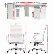 Artiss Office Desk and Chair Set L Shape Computer Desk 150cm with Storage Cabinet & Drawers, Ergonomic PU Leather Office Chair, White Home Office Furniture